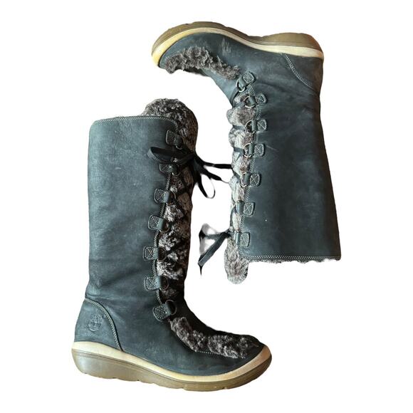TIMBERLAND Kickadilla Black Nubuck Leather Faux Fur Lace Up Boots size 7.5 - Picture 5 of 15